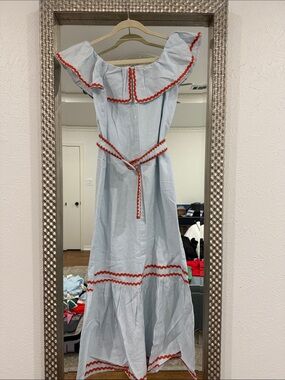 Masons Daughter - Light Blue Off-Shoulder Maxi Dress with Red Trim